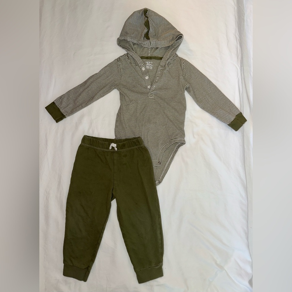 Carter's Olive Green Pants and Striped Onesie Set